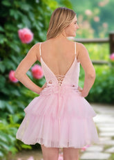 Audrey | A Line Light Pink Tulle Corset Tiered Ruffle Short Homecoming Dress - Light Pink - PromDressClub